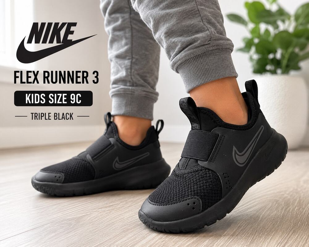 Nike Flex Runner 3 Triple Black Kids 9C Like New